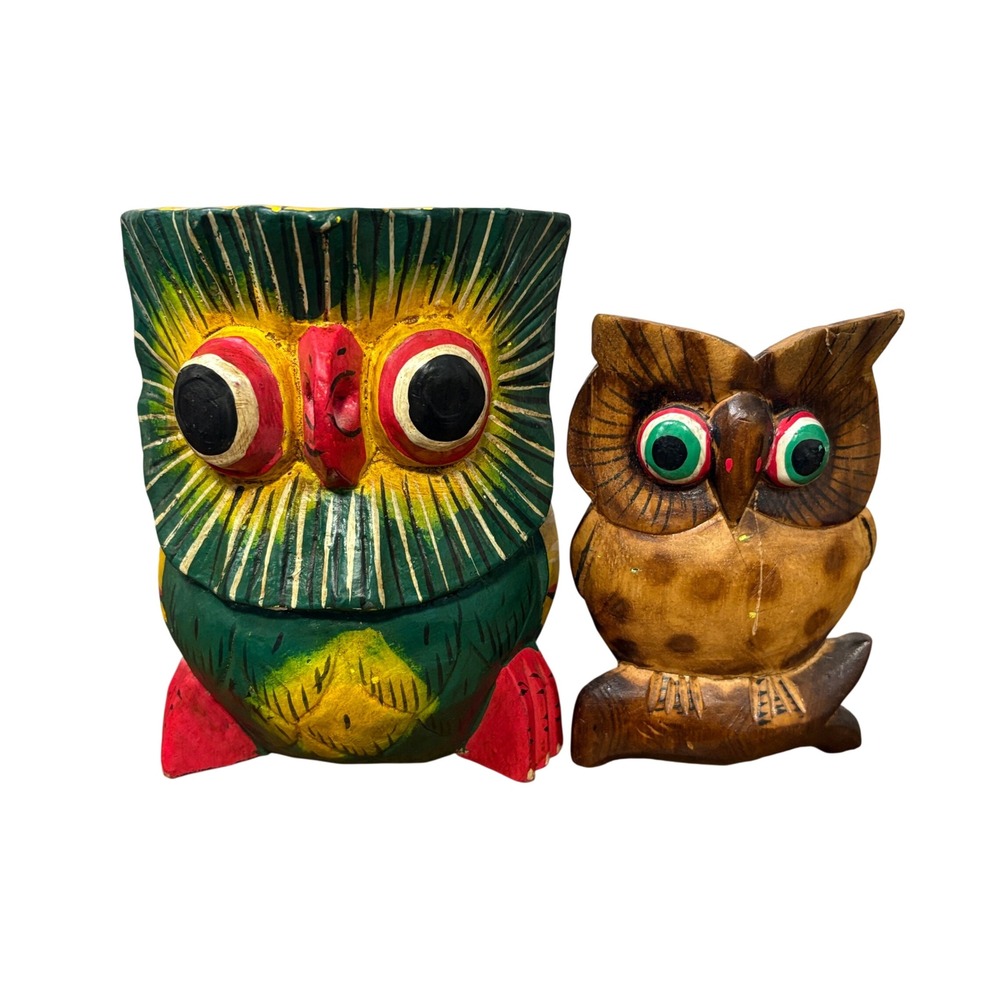 Hand Carved Wood Vintage 2pc Owl Figurines Colorful Whimsical Fall MCM Folk Art